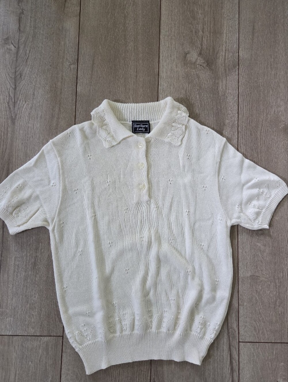90s Vintage Southern Lady Cream Knit Polo Top